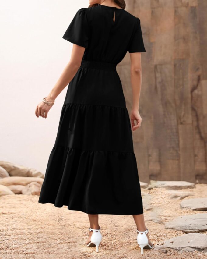 PRETTYGARDEN Women's Summer Casual Short Flutter Sleeve Round Neck Smocked Waist Tiered Boho Floral Flowy Maxi Dress – Bild 5