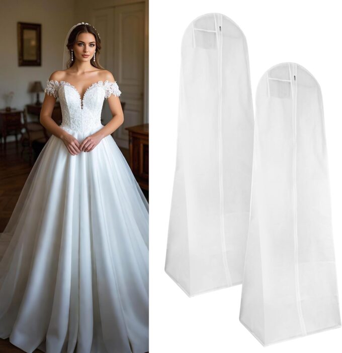 2 Stück Brautkleidhülle Kleidersack 180 cm,Anti-Staub Atmungsaktiver Hochzeitskleid Kleidersack mit Mit Reißverschluss, Geeignet für Brautkleider, Kleider, Mäntel, Lange Mäntel usw