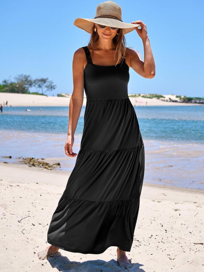 ANRABESS Women's Summer Casual Long Maxi Beach Vacation Dresses Sleeveless Square Neck Flowy Tiered Sun Dress with Pockets – Bild 2