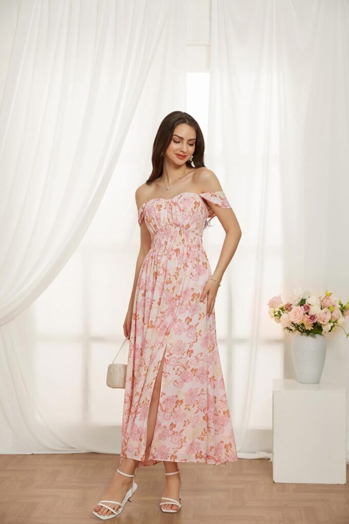 GRACE KARIN 2025 Women's Summer Floral Print Flowy A Line Maxi Dresses Sleeveless Smocked Off Shoulder Dress – Bild 3
