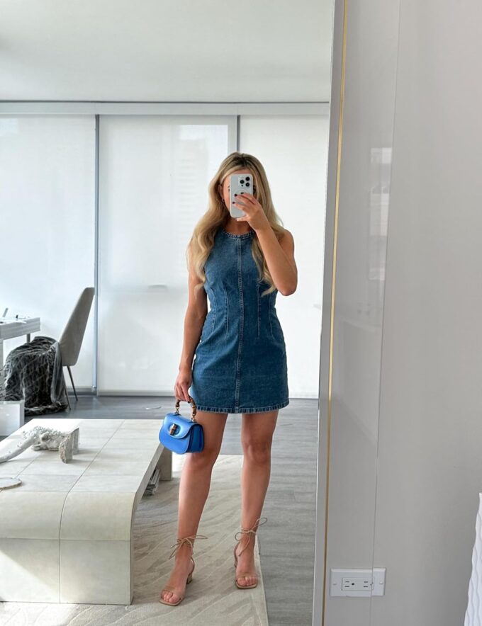 Daacee Women’s Sleeveless Bodycon Denim Mini Dress Casual Waist Tucks Zipper Tank Jean Dresses – Bild 3