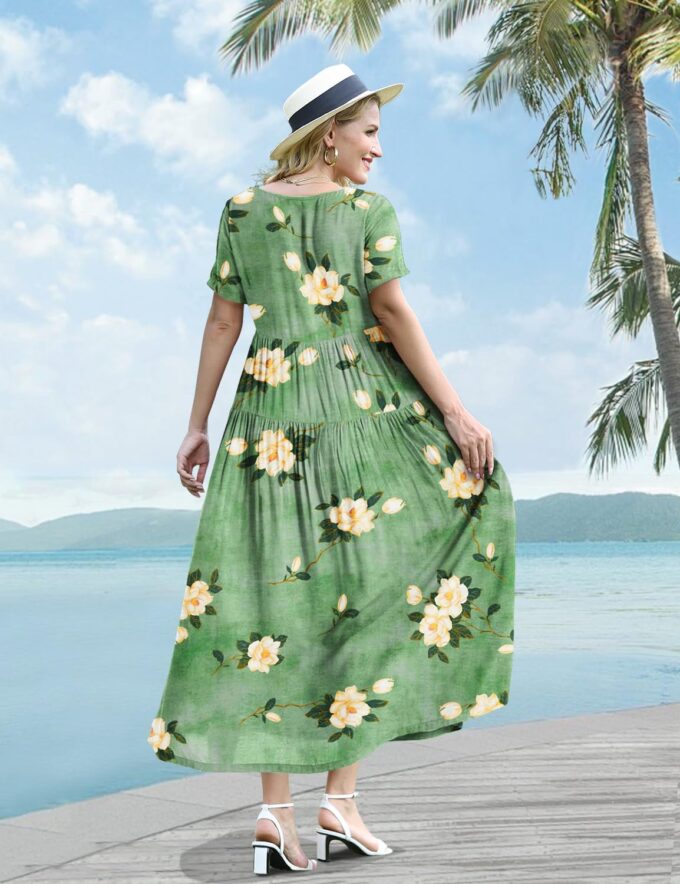 YESNO Women Casual Loose Bohemian Floral Dress with Pockets Short Sleeve Long Maxi Summer Beach Swing Dress EJF – Bild 5