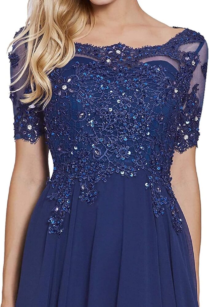 yhfshop Lang Ballkleid Brautkleid,Schulter-Kurzarm-Partykleid mit Spitzenapplikationen-Fuchsie_50,Abendkleid Cocktailkleid Lang – Bild 3