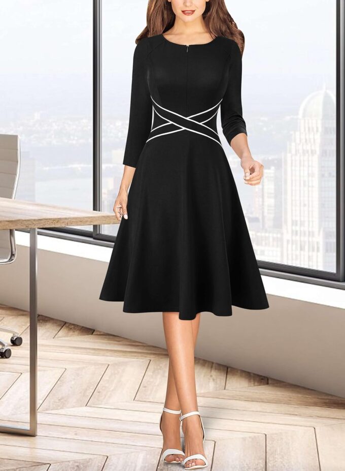 VFSHOW Damenkleid mit Reißverschluss vorne, überkreuzte Taille, schmal, für Arbeit, Business, Büro, Passform und ausgestelltes A-Linien-Kleid – Bild 2