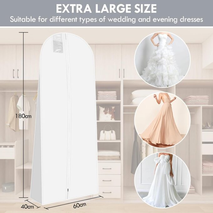 Riwer Brautkleidhülle Kleidersack 180 cm Anti-Staub Atmungsaktiver Hochzeitskleid Kleidersäcke mit reißverschluss für Brautkleider Abendkleider oder Lange Mäntel, Weiß – Bild 2