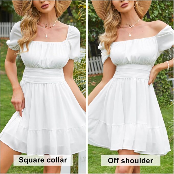 EXLURA Women's 2025 Summer Short Puff Sleeve Casual Short Mini Dresses Tie Back Square Neck A-Line Sundress – Bild 5