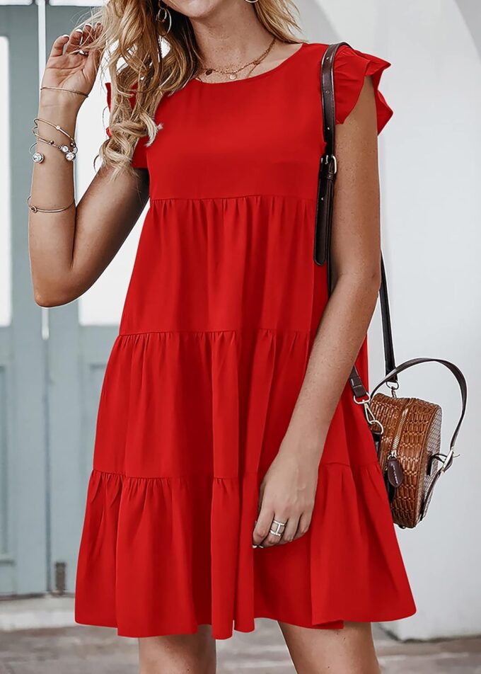 KIRUNDO Women's Summer Dresses Sleeveless Ruffle Sleeve Round Neck Solid Loose Short Flowy Pleated Mini Babydoll Dress – Bild 4