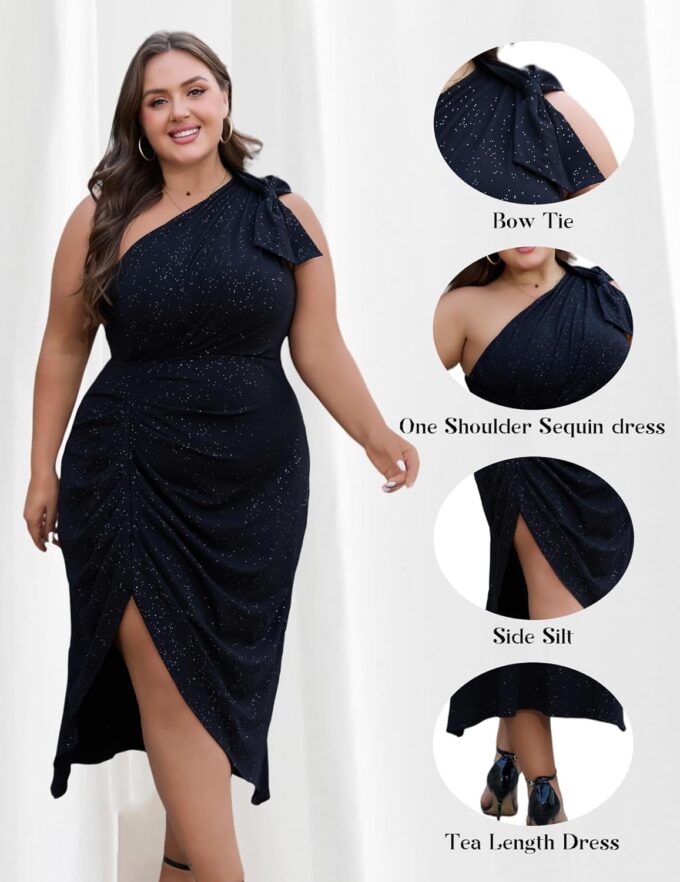 Women's Summer Plus Size Sequin Glitter Dress One Sparkly Shoulder Ruched Wrap Cocktail Party Black Slit Dress – Bild 4