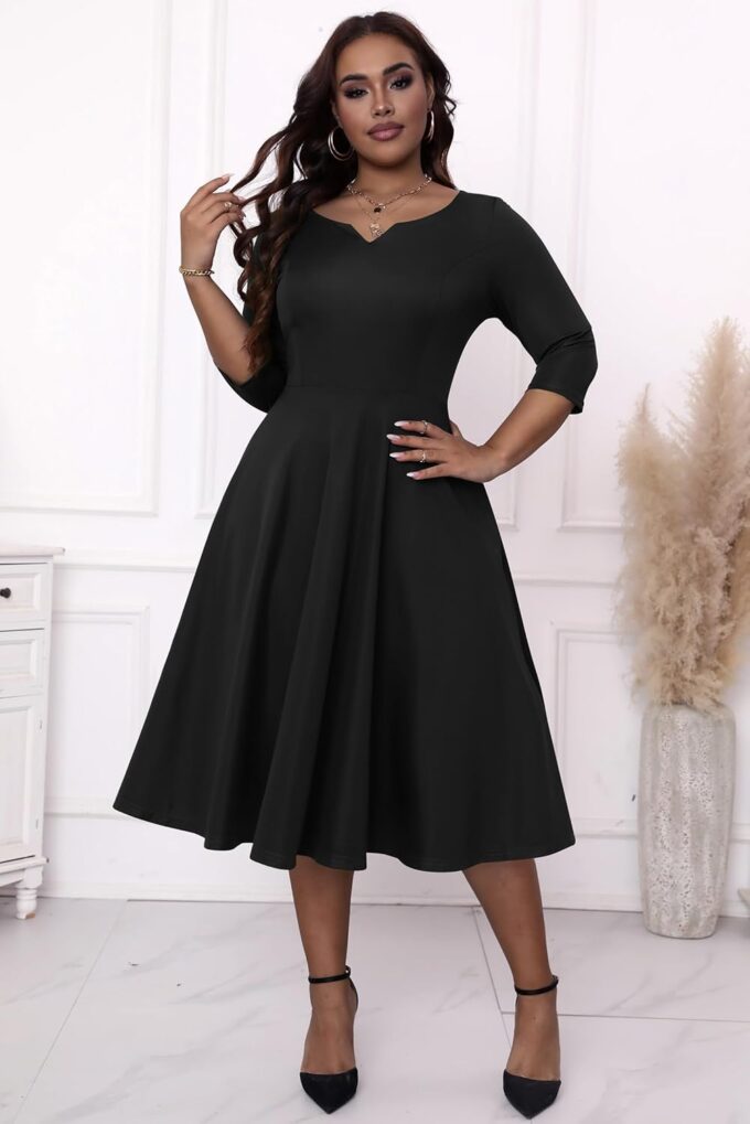 Runwind Plus Size Dresses Women Fit and Flare A-Line Swing Dress 3/4 Sleeve Midi Church Wedding Guest Cocktail Party Dresses – Bild 3