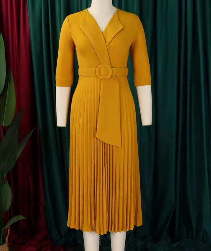 SOMTHRON Damen Elegant 3/4 Ärmel Blazer Kleid V Ausschnitt Revers Plissee Business Arbeit Swing Midi Kleid mit Gürtel – Bild 3