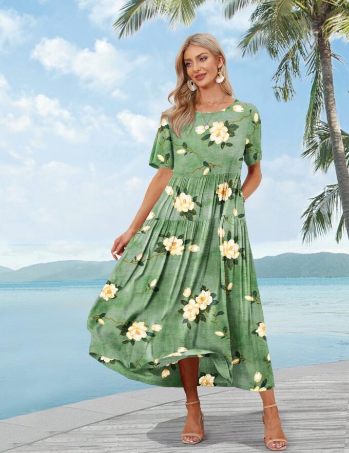 YESNO Women Casual Loose Bohemian Floral Dress with Pockets Short Sleeve Long Maxi Summer Beach Swing Dress EJF – Bild 2