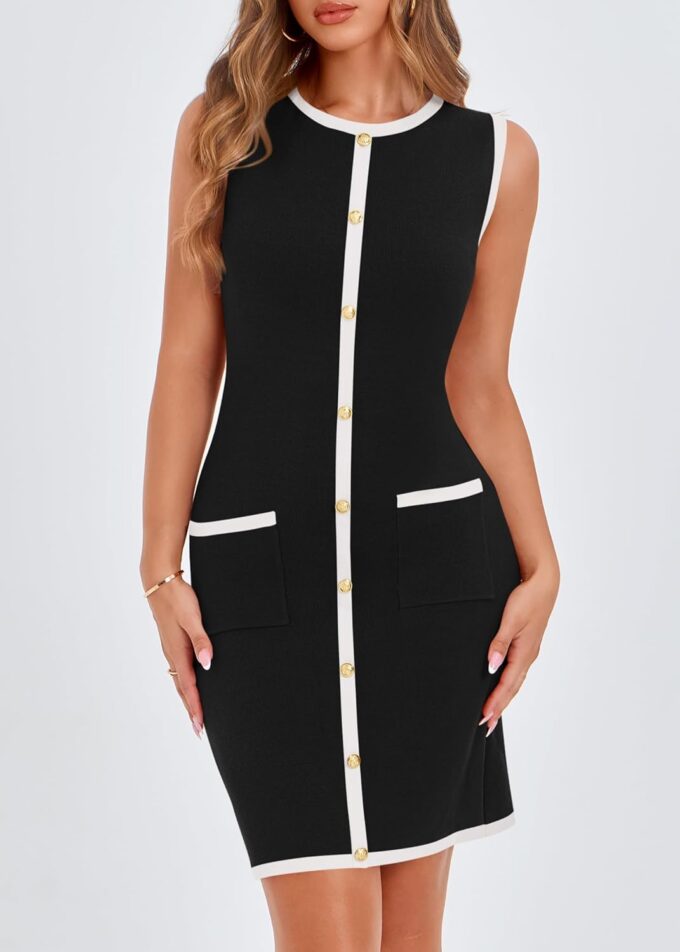 KIRUNDO Women's Work Business Casual Dress 2025 Summer Cocktail Semi Formal Office Elegant Classy Knit Color Block Dresses – Bild 5