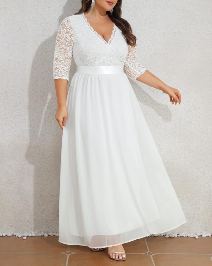 Pinup Fashion Damen-Maxikleid mit Spitze, Chffon, lang, 3/4-Ärmel, V-Rücken, formelles Kleid – Bild 4