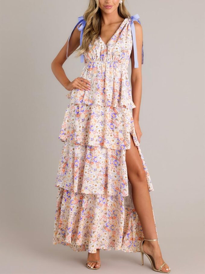 Wenrine Womens Summer Floral Maxi Dress Tie Strap Sleeveless V Neck High Slit Boho Ruffle Tiered Beach Dresses – Bild 2