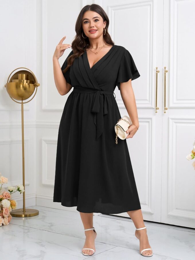 Womens Plus Size Dress Wedding Guest Cocktail Pleated V Neck Wrap V Neck Flowy A Line Midi Dresses with Belt – Bild 6