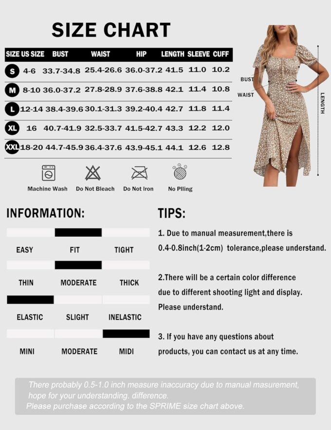 SPRIME Women's Floral Summer Casual Dress Square Neck Puff Sleeve Boho Midi Dresses Ruched Bust High Waist Split Long Dress – Bild 6