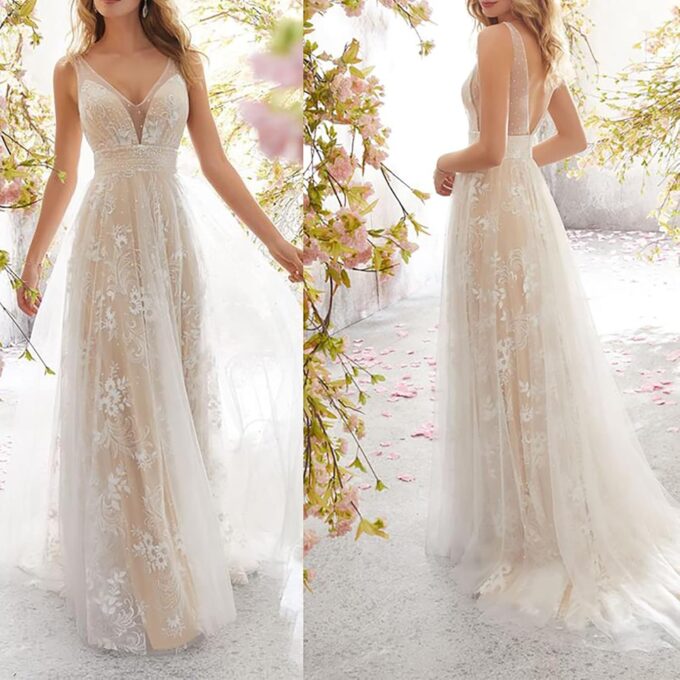 CUTTE Rückenfreies Ärmelloses Spitzenhochzeitskleid Chiffon-Brautjungfernparty Cocktailkleid Strand Maxikleid Lose Vintage A-Linie Brautkleider Sommerkleid,White,M – Bild 4