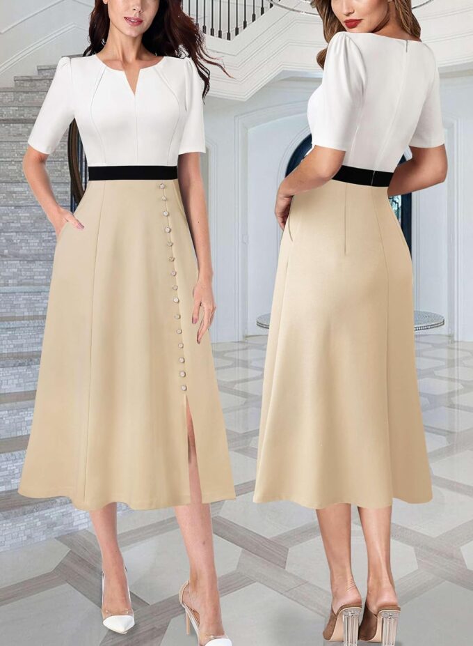 VFSHOW Damen-Midikleid mit plissierten Nackentaschen Knöpfen Arbeit Büro Business A-Linie – Bild 2