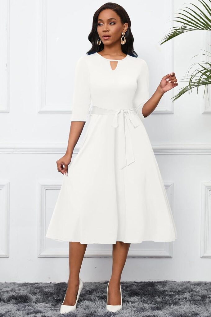 CLOCOR Midi Dresses for Women Casual A-Line Fit and Flare Dress Crewneck 3/4 Sleeve Keyhole Cocktail Party Church Dress – Bild 4