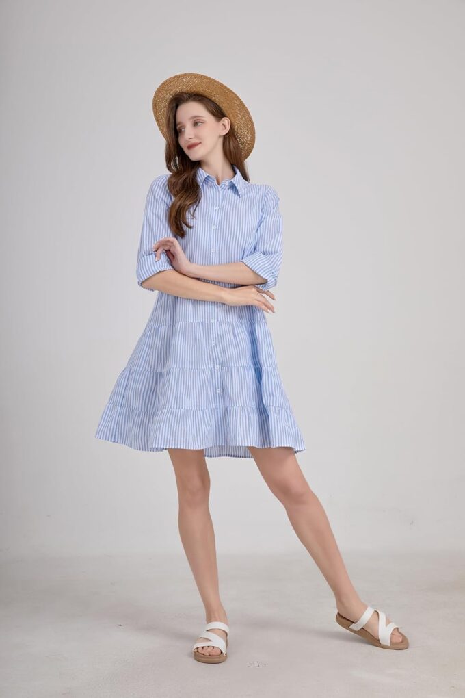 utcoco Womens Striped Button Down Midi Shirt Dress Casual Loose Cuffed Long Sleeve Mid Long Dresses – Bild 3