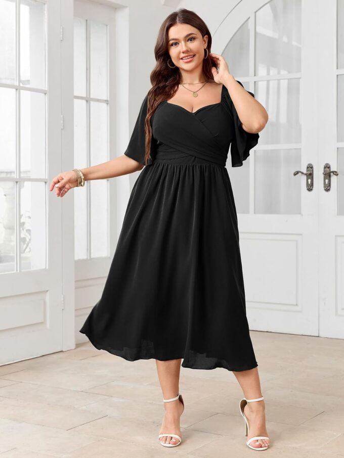 Women's Plus Size Midi Dress Sweetheart Neck Short Sleeve Wedding Guest Cocktail A Line Flowy Dress – Bild 3