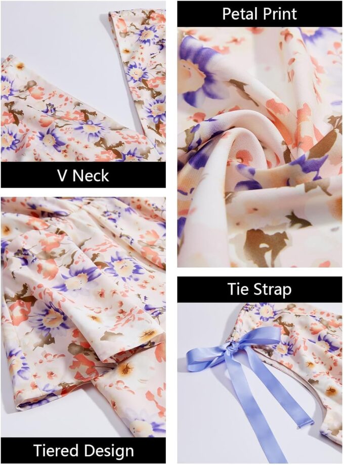 Wenrine Womens Summer Floral Maxi Dress Tie Strap Sleeveless V Neck High Slit Boho Ruffle Tiered Beach Dresses – Bild 5