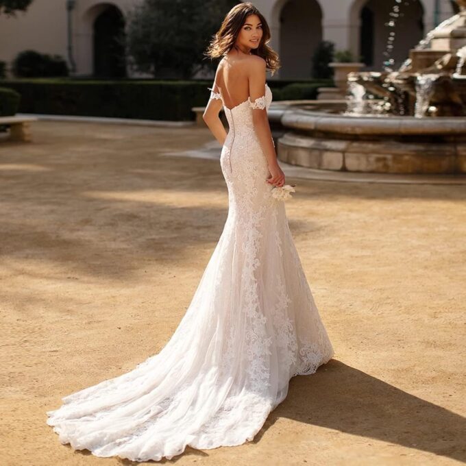 OLLWBYDM Damen Schulterfrei Spitze Meerjungfrau Brautkleider Schatz Sweep Zug Boho Brautkleider Tüll, A-Elfenbein, 42 – Bild 3