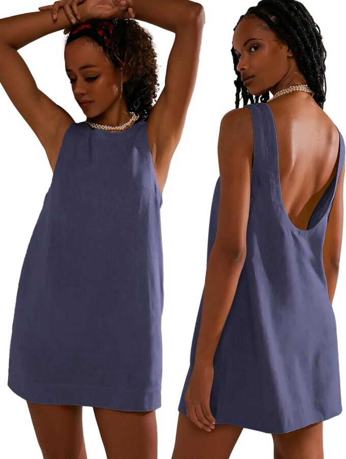 VIUTIL Womens Summer Linen Mini Dress Boat Neck Low Back Sleeveless Tank Dresses with Pockets 2025 Vacation Outfits
