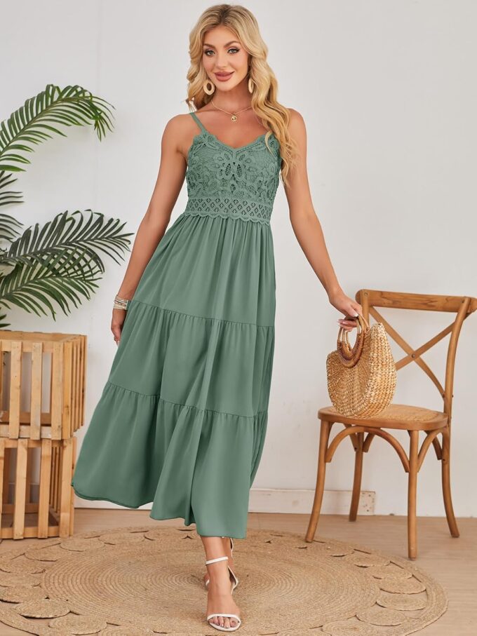 Dokuritu Women's Beach Crochet Lace Maxi Dress Solid Color Summer Vacation Spaghetti Strap Long Dress 2024 – Bild 5