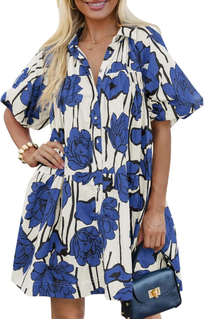 Wenrine Women's Summer Button Down Shirt Dress Floral Puff Short Sleeve Casual Loose Fit Beach Mini Dresses