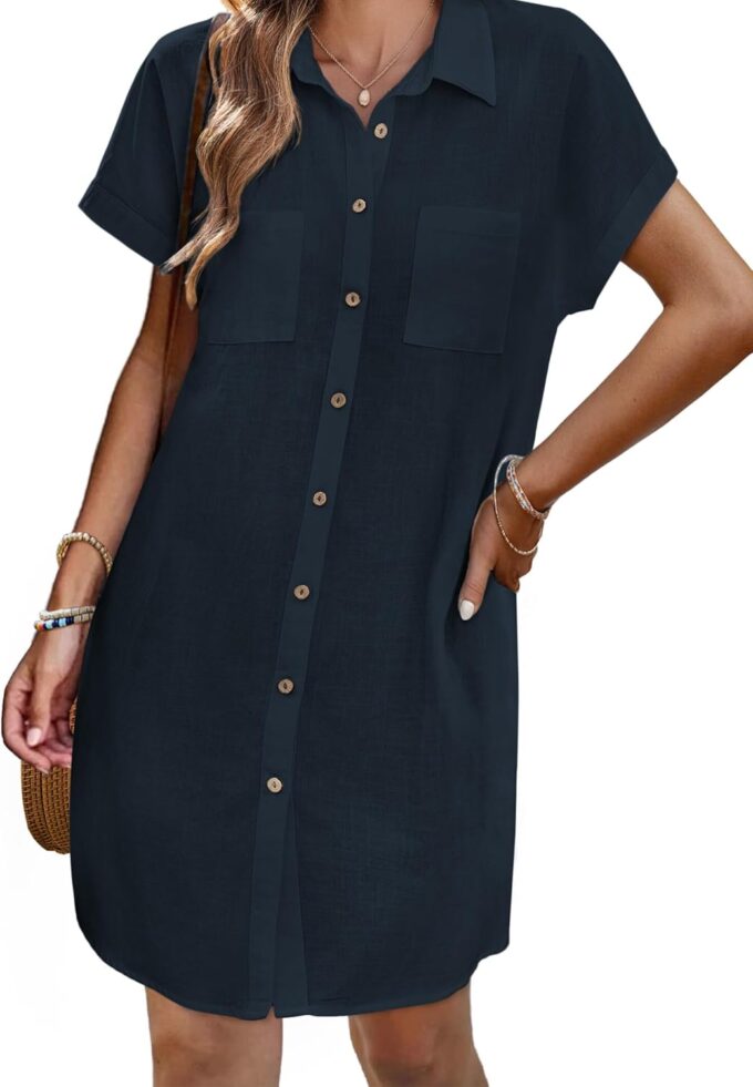 Zeagoo Women's Summer Dress 2025 Cotton Button Down Short Sleeve Tshirt Dresses Casual Flowy V Neck Loose Mini Beach Dress – Bild 2