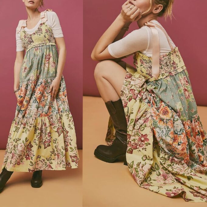 Women Floral Boho Sundress Tie Shoulder Smocked Patchwork Flowy Maxi Dresses with Pockets Summer Fall – Bild 6