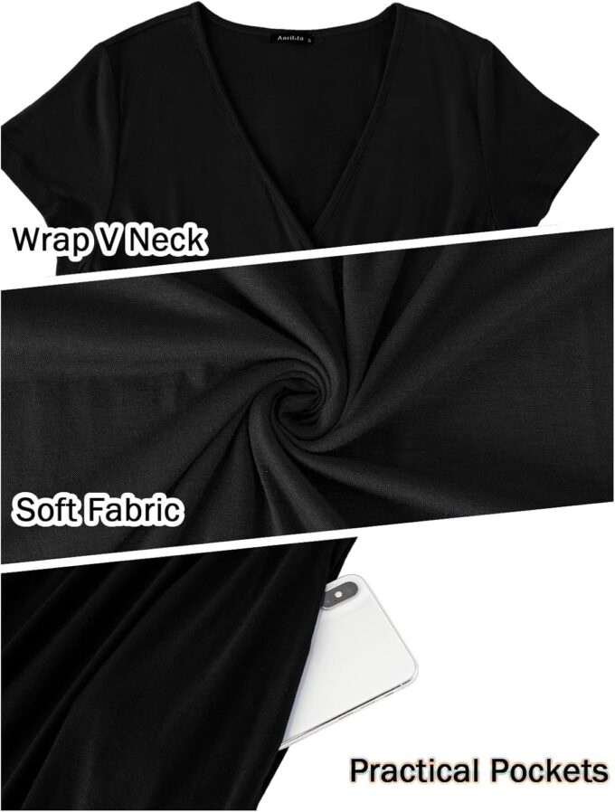 ANRILITA Maxi Dress for Women Wrap V Neck Short Sleeve Empire Pleated Waist Summer Casual Elegant Long Dresses with Pockets – Bild 5