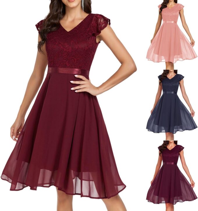 Abendkleider Damen Elegant Maxi Lang A Linie Hochzeit Cocktailkleid Festliches Knielang Standesamt Hochzeitskleid Brautkleid Partykleid V Ausschnitt Spitzen Kleid Dress 1 – Bild 3