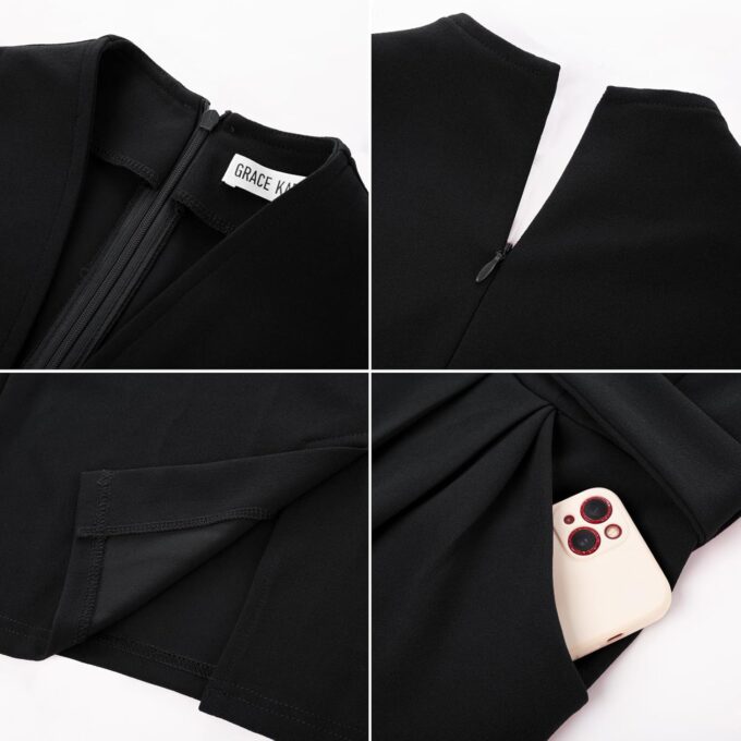GRACE KARIN Womens Work Dresses V Neck 3/4 Sleeve Back Zipper Tie Waist Bodycon Dress Office Cocktail Dress with Pockets – Bild 6