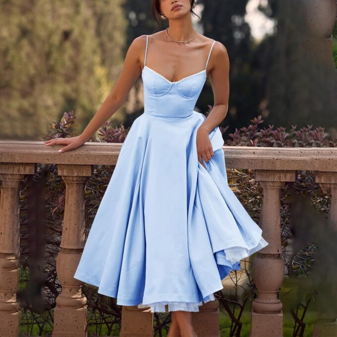 Abendkleider Elegant Korsett Kleid Rückenfrei Cocktailkleid Damen Lang Spaghettiträger Prinzessin Kleider Frauen Corset Ballkleid Taschen Abschlusskleid Schwingen Tüll Doppellagig Maxikleider – Bild 2