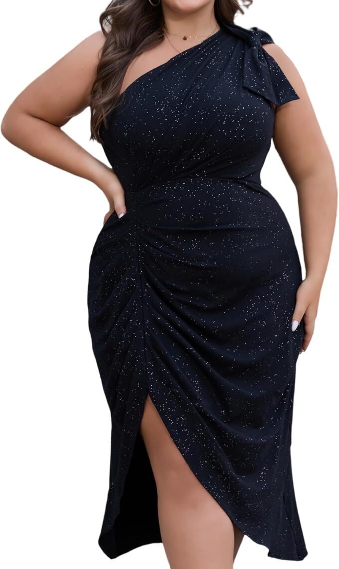 Women's Summer Plus Size Sequin Glitter Dress One Sparkly Shoulder Ruched Wrap Cocktail Party Black Slit Dress