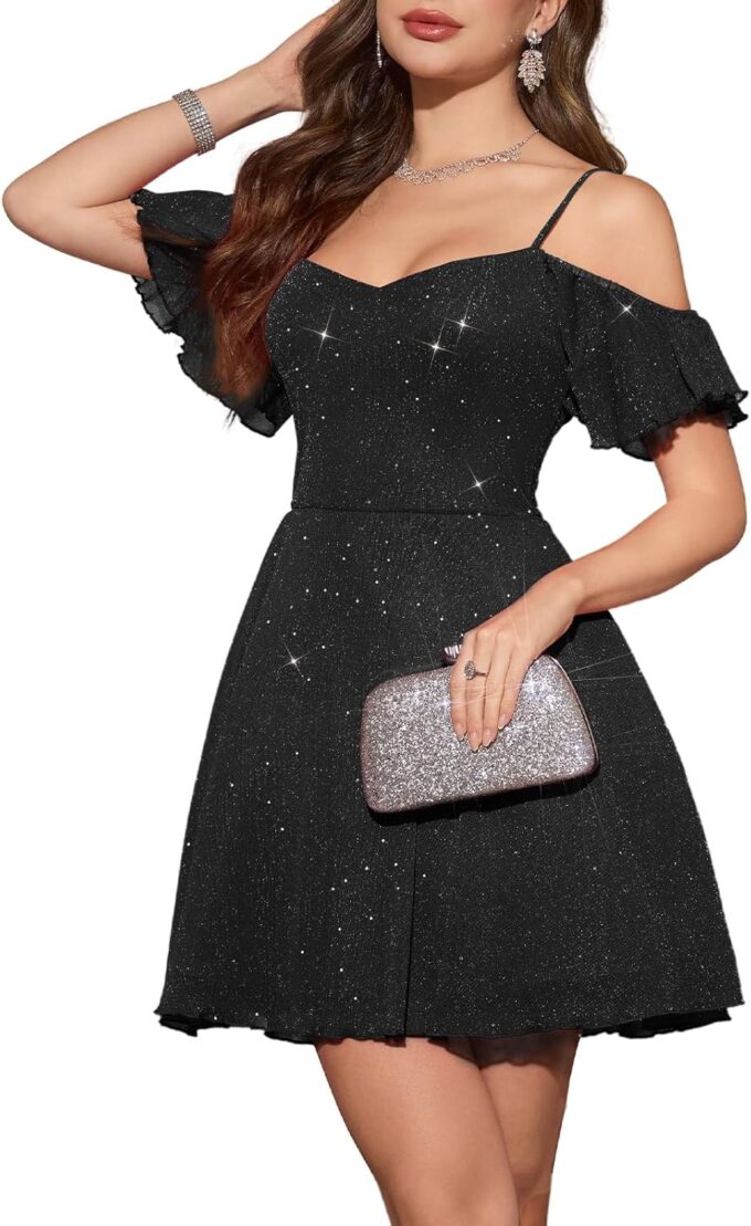 Meetjen Women's Sparkly Off Shoulder Prom Dress 2025 A line Tulle Spaghetti Straps Short Cocktail Dresses