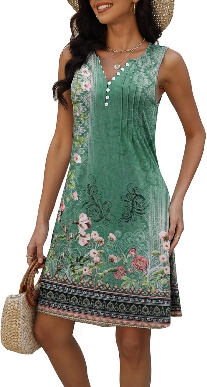 Disamer Beach Dresses for Women 2025 Vacation Swim Cover up V-Neck Summer Dress Button Down Sleeveless Boho Floral Sundress – Bild 3
