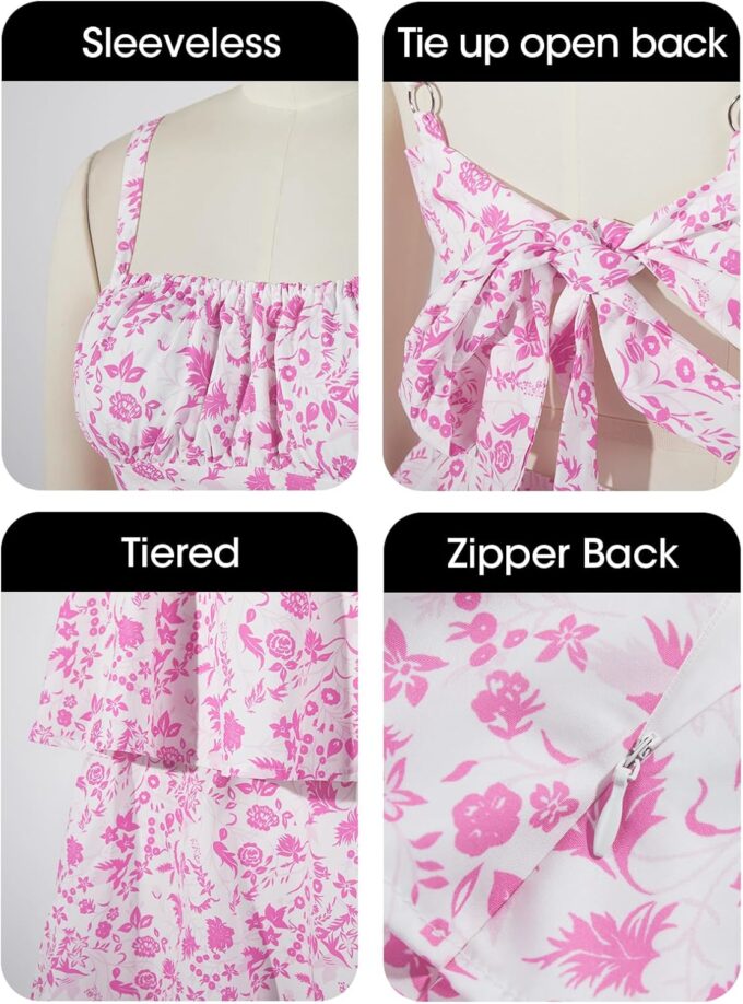 Fisoew Womens Floral Maxi Dresses Spaghetti Strap Casual Sleeveless Ruffle Flowy Tiered Dress – Bild 6