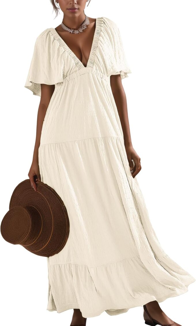 Women Summer Dresses Sexy V-Neck Maxi Dress Tiered Silhouette with Flutter Sleeve Backless Elastic Waist Flowy Dress – Bild 3