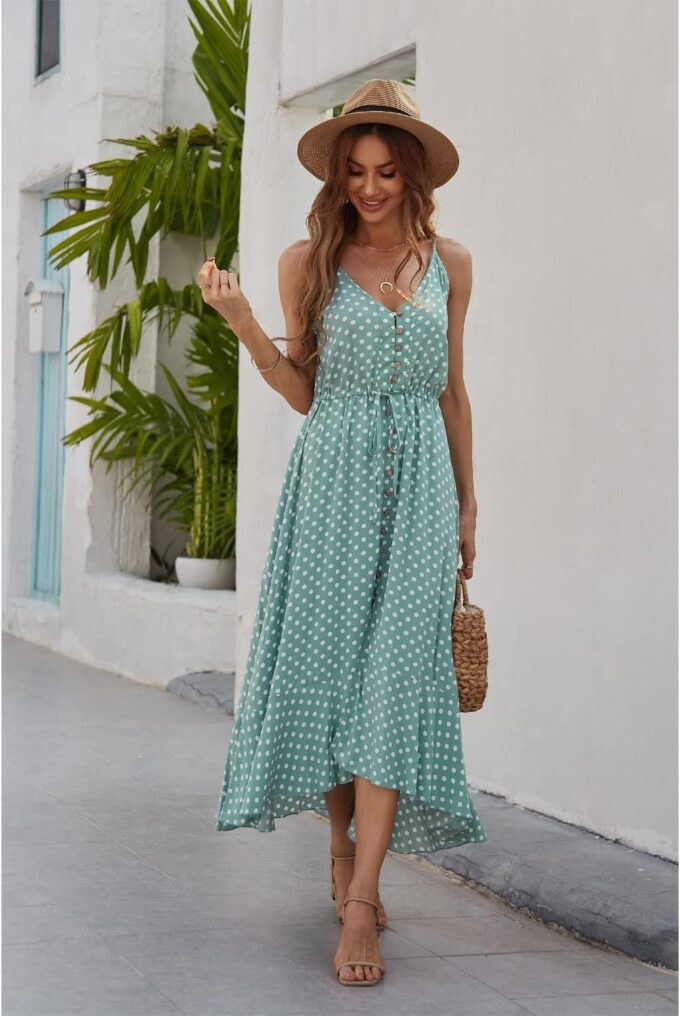 BROVAVE Women's 2025 Summer Casual Boho Sundress Polka Dot Spaghetti Strap V Neck Flowy Midi Dresses – Bild 5