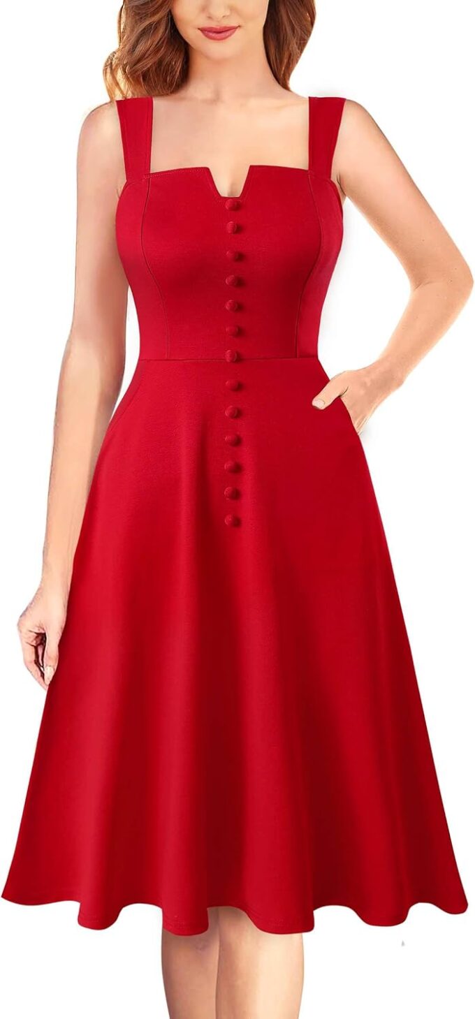 VFSHOW Damen Business-Kleid mit quadratischem Ausschnitt, Knöpfen, Taschen, Arbeit, Büro, elegant, Vintage, Kirche, A-Linie, schwingendes Cami-Kleid