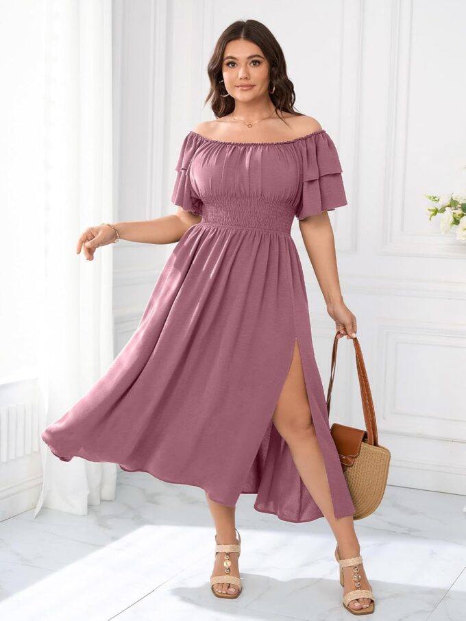 Plus Size Maxi Dress Off The Shoulder Ruffle Smocked Wedding Guest Cocktail Slit Hem Flowy Dresses for Curvy Women – Bild 5