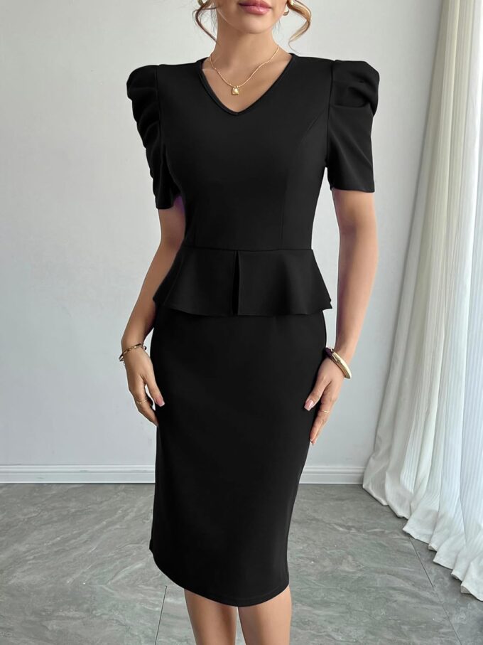 Mokayee Damen-Sommerkleid, Puffärmel, V-Ausschnitt, Schößchen, Kirche, Business, Arbeit, Bleistiftkleid – Bild 2