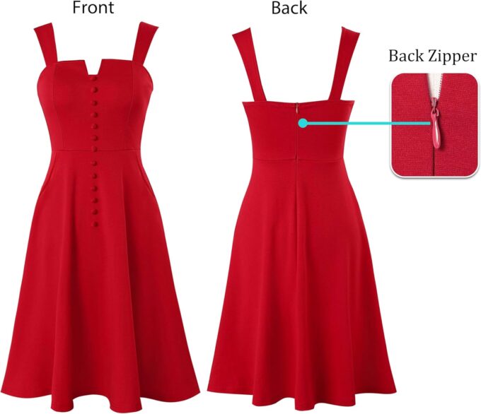 VFSHOW Damen Business-Kleid mit quadratischem Ausschnitt, Knöpfen, Taschen, Arbeit, Büro, elegant, Vintage, Kirche, A-Linie, schwingendes Cami-Kleid – Bild 5