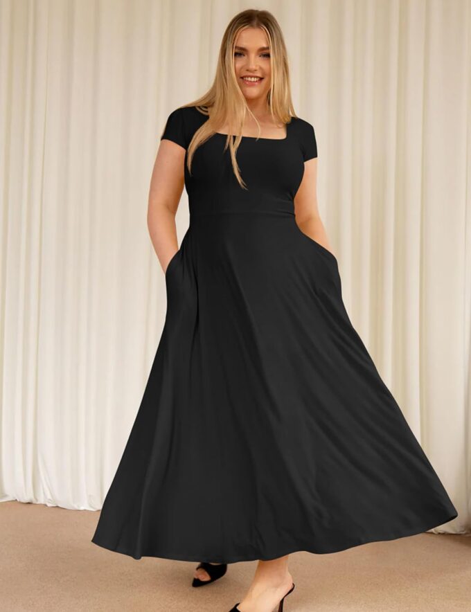 YMDUCH Women's Casual Short Sleeve Square Neck Solid Slim Flowy Maxi Dress with Pockets – Bild 7