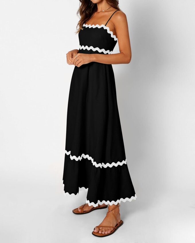 dowerme Women Summer Dresses 2025 Spaghetti Straps Sleeveless Smocked Rickrack Trim Boho Flowy Loose A-Line Midi Dress – Bild 3
