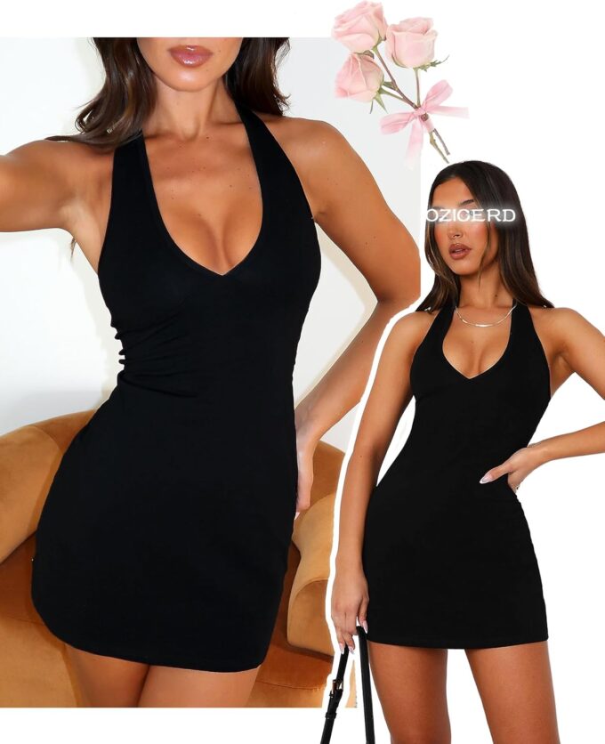 Bodycon Halter Mini Dresses for Women Going Out Club Dress Backless V Neck Summer Short Dress Cocktail Party Dresses – Bild 4
