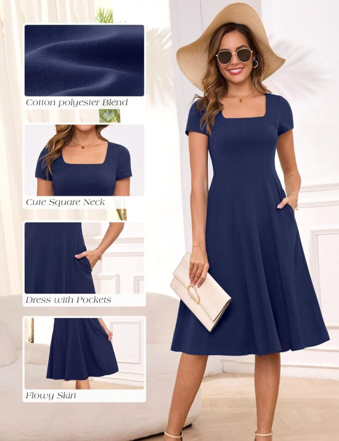 Annebouti Damen-Midikleid für Frühling und Sommer 2025, A-Linie, quadratischer Ausschnitt, kurze Ärmel, halbformell, lässig, Arbeit, Midi-Kleid mit Taschen – Bild 4
